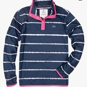 NWT YTH MED Simply Southern Navy White and Pink‎ Stripe Quarter Snap Pullover